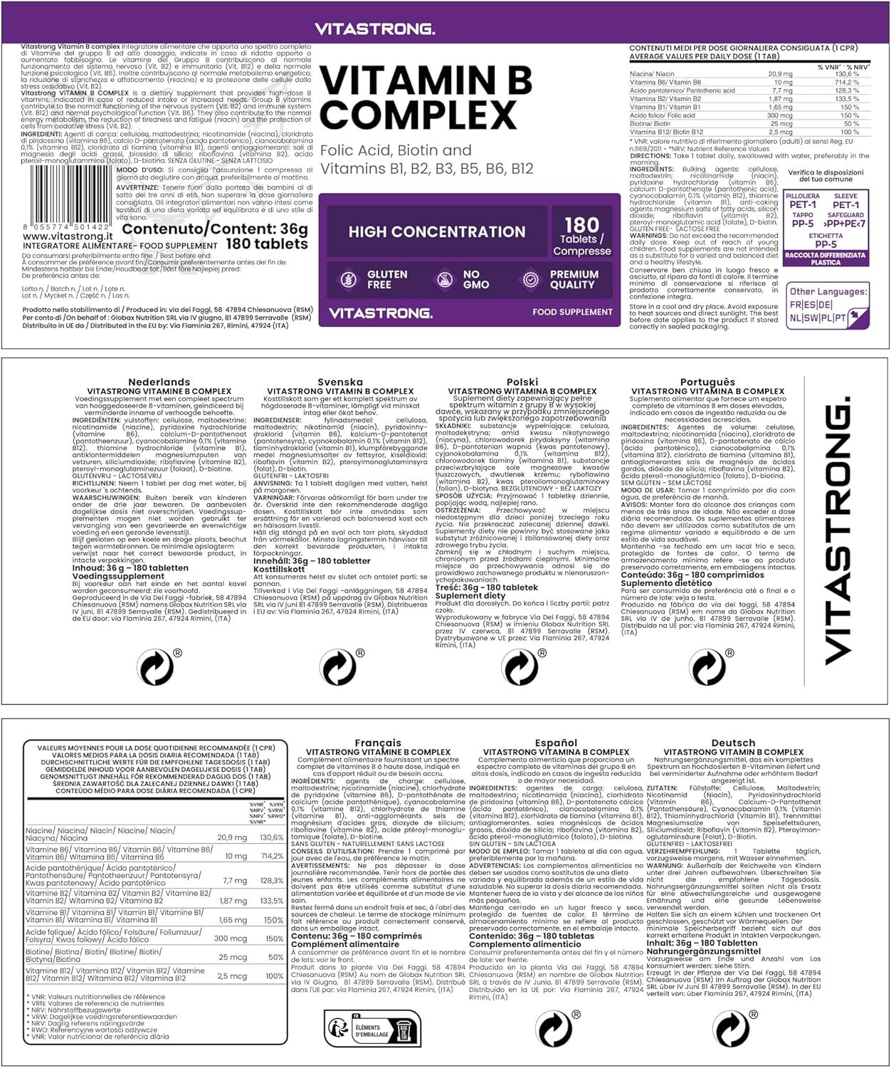 Vitastrong Vitamin B Komplex. Flasche mit 180 Tabletten. Enthält alle 8 B-Vitamine. Premium Qualität, ohne Zusatzstoffe.