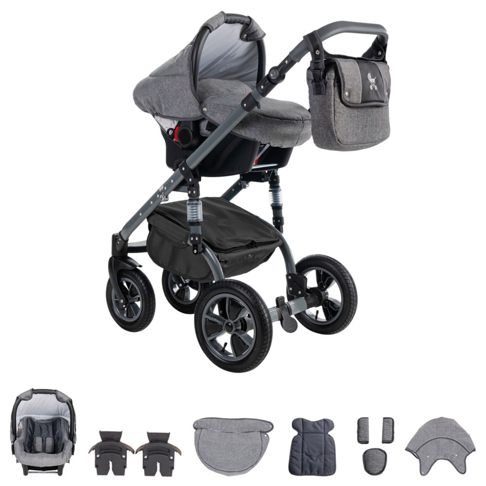 Grauer Kinderwagen mit Luftreifen. Enthält Sportsitz, Babyschale, Zubehör und Wickeltasche. Vier Räder, schwarzer Rahmen.