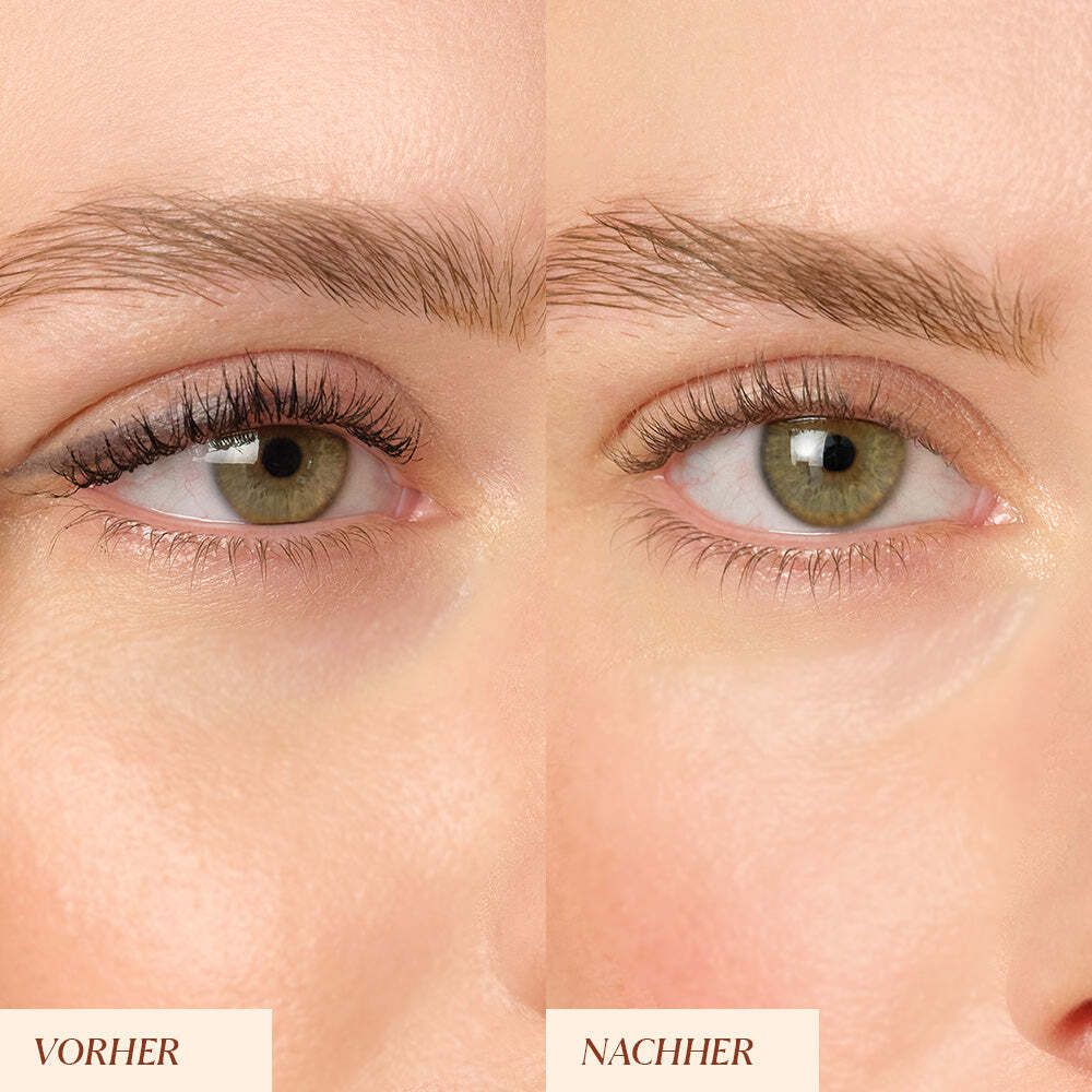Vergleich von Augen vor und nach der Anwendung. Links: Vorher. Rechts: Nachher. Grüne Augen.