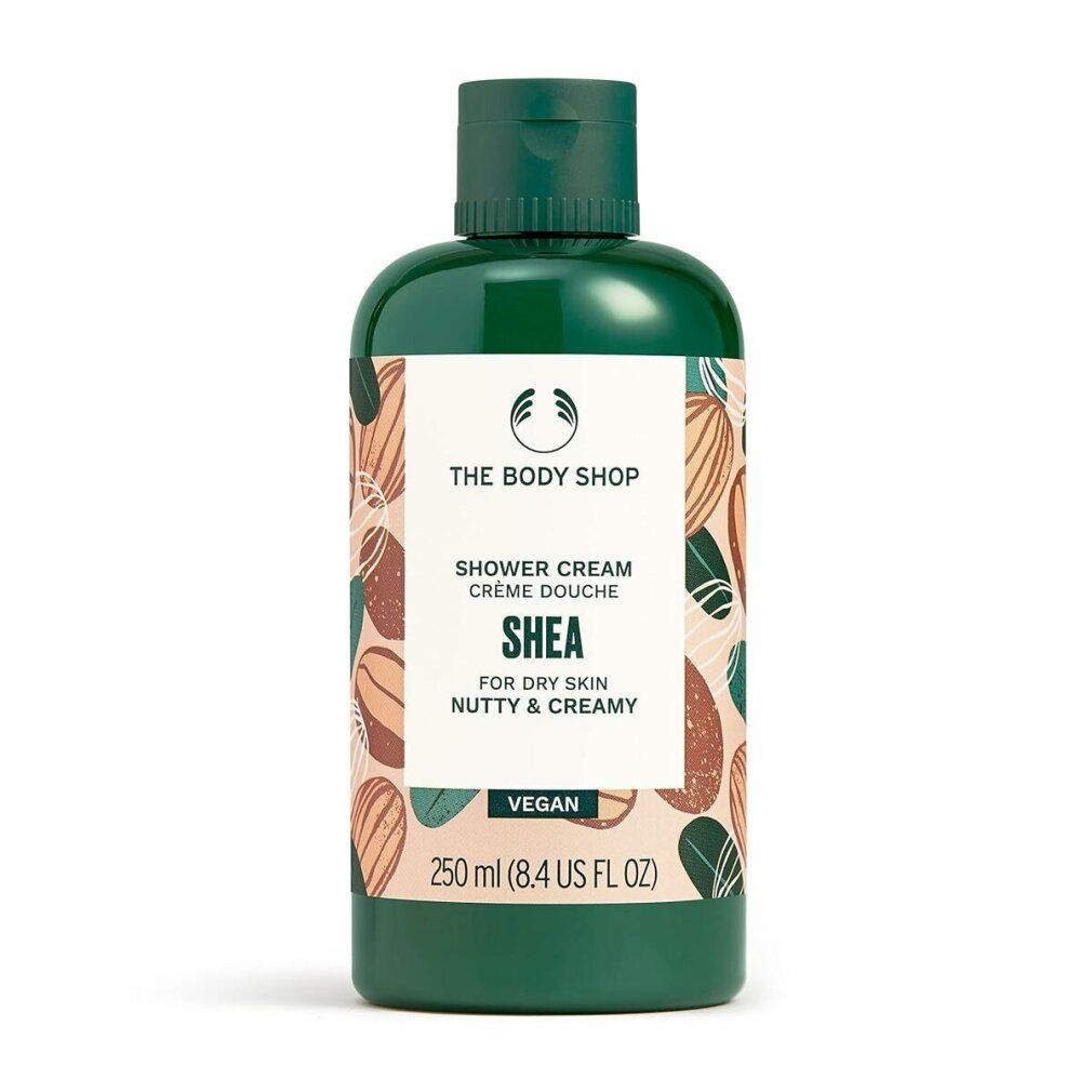 Grüne Flasche mit Drehverschluss. Aufschrift: Shower Cream Shea, für trockene Haut. Vegan. 250 ml.