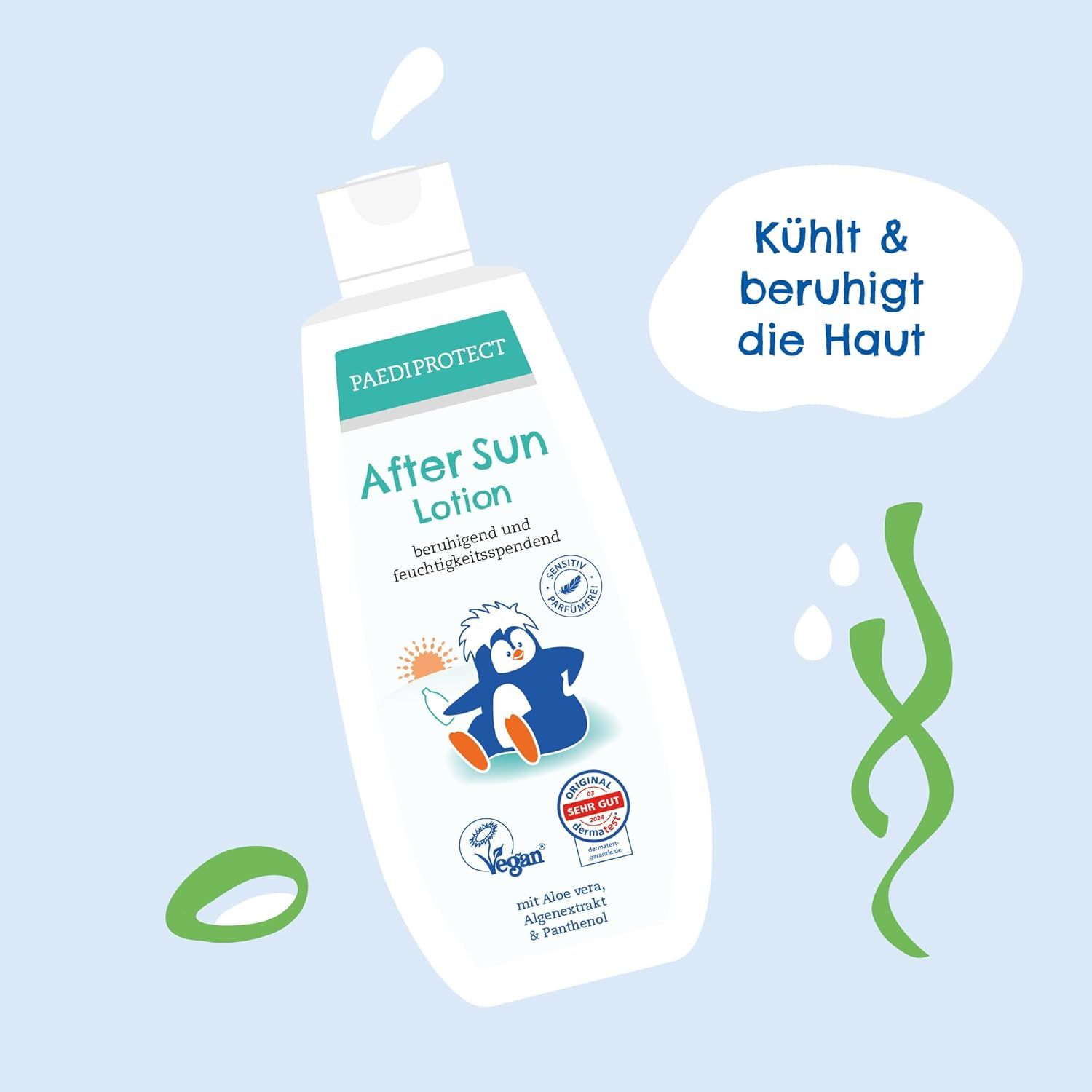 Weiße Flasche PAEDIPROTECT After Sun Lotion. Aufschrift: beruhigend und feuchtigkeitsspendend. Text: Kühlt & beruhigt die Haut. Vegan-Siegel.