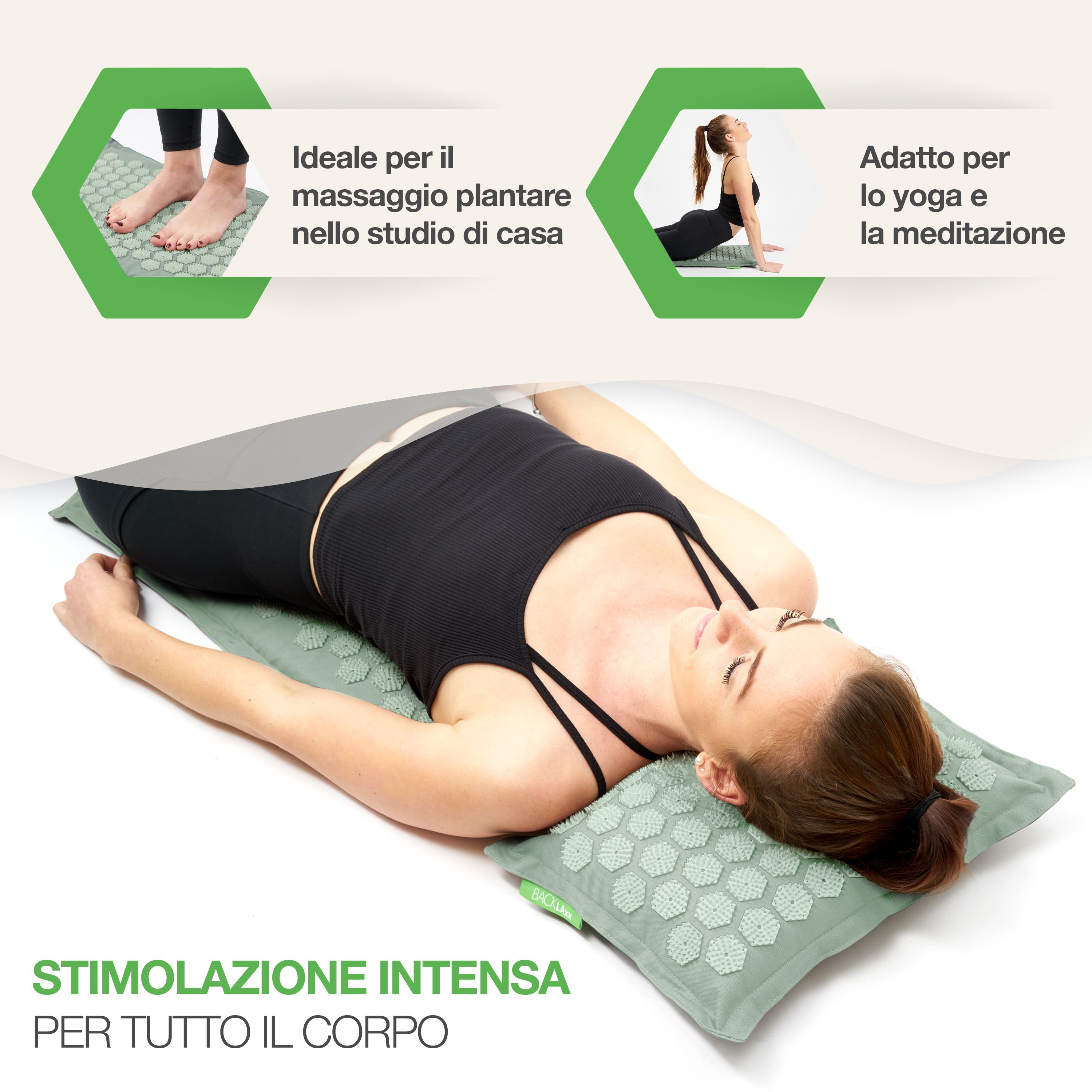 Infografica: Ideale per il massaggio plantare in home-office. Adatto per yoga e meditazione. Donna sdraiata sul tappetino.