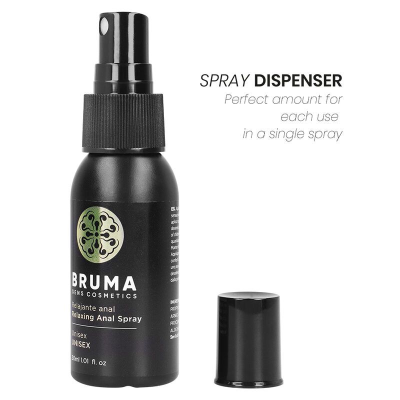 Schwarze Sprühflasche mit schwarzem Deckel daneben. Etikett mit "BRUMA" und "Relaxing Anal Spray".