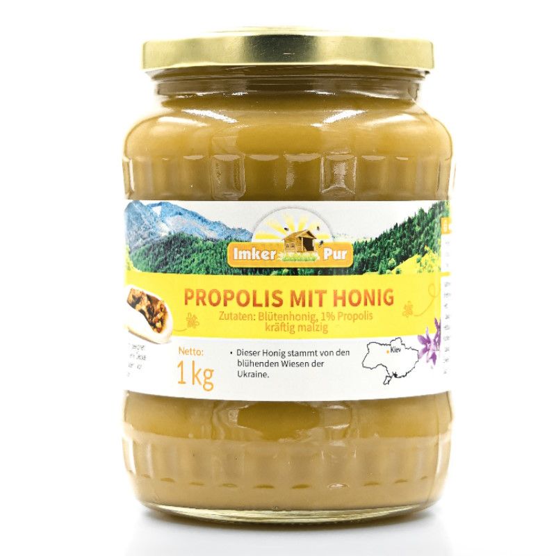 Glas mit Honig und Propolis. Etikett mit Produktnamen und Logo. Aufschrift: 1 kg.