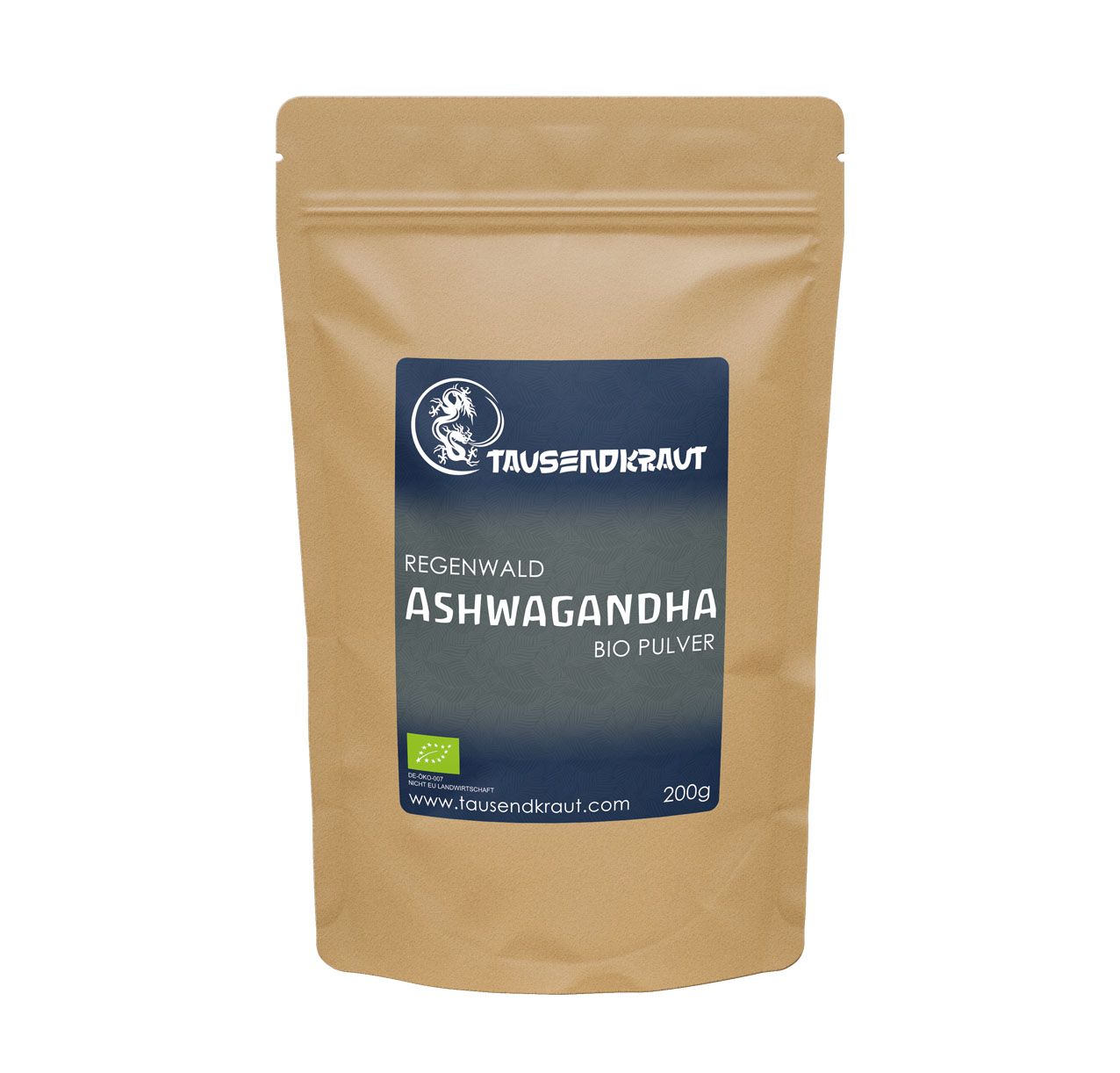 Beutel mit Ashwagandha Pulver BIO. Aufkleber mit Logo, Produktname, Bio-Siegel und 200g. Braune Verpackung.