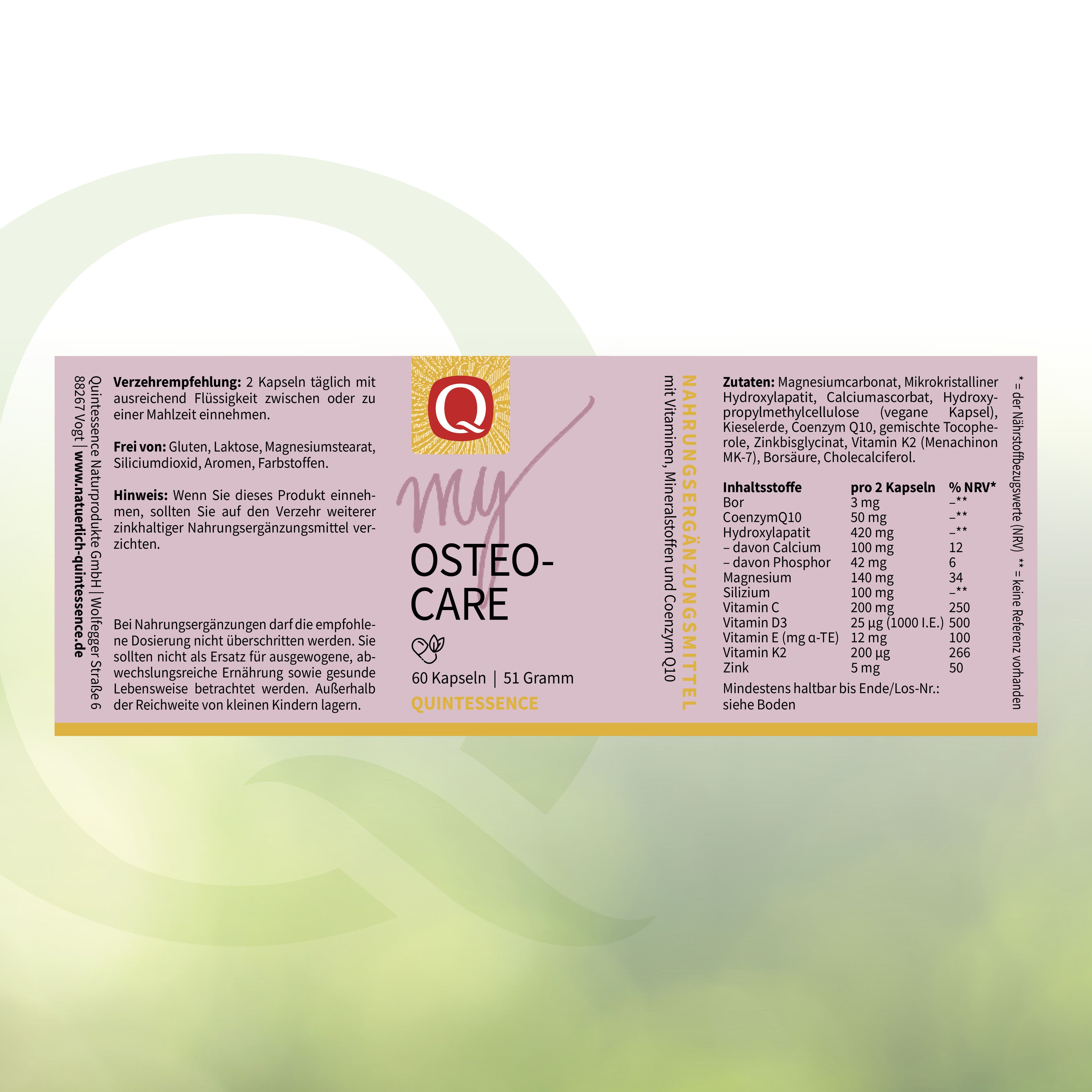 Etikett einer Flasche mit "my OSTEO-CARE" und "Quintessence". Enthält 60 Kapseln. Inhaltsstoffliste.