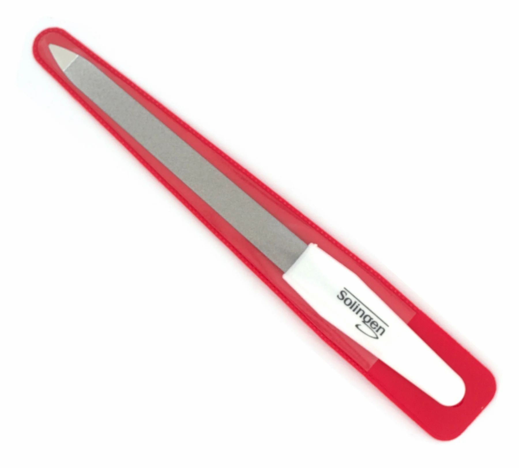 Nagel-Feile in roter Hülle. Weißer Griff, graue Feilfläche. Aufdruck 'Solingen Germany'.