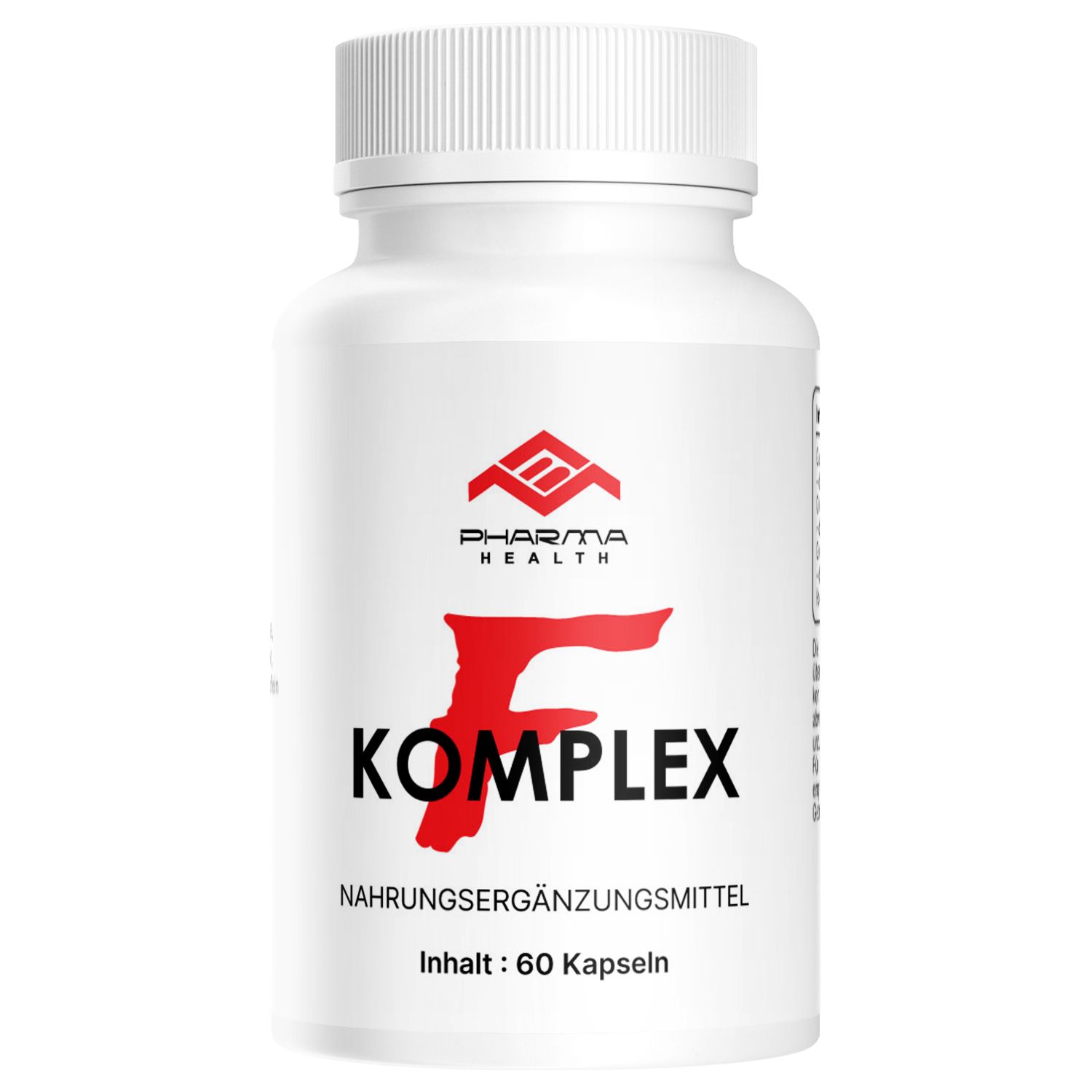 Weiße Flasche mit rotem "F Komplex"-Logo und "Pharma Health"-Logo. Text: Nahrungsergänzungsmittel, Inhalt: 60 Kapseln.