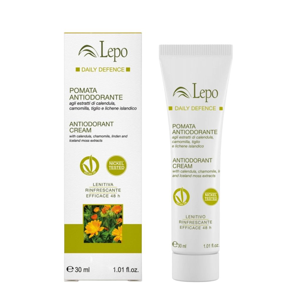 LEPO Crema antiodorante. Tubo e scatola bianchi. Testo: POMATA ANTIODORANTE, NICKEL TESTED, 30 ml. Con estratti vegetali.