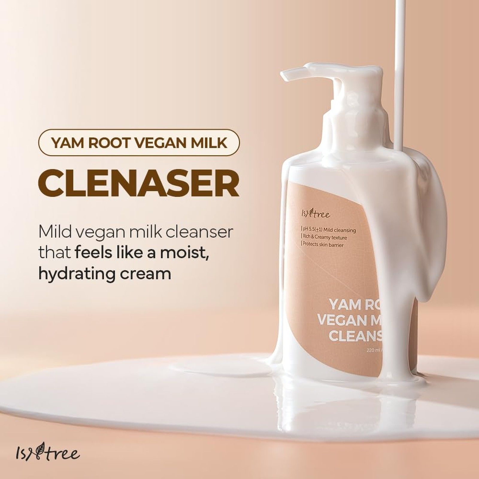 Flasche Yamswurzel-Veganmilch-Reiniger mit auslaufender Milch, mild und feuchtigkeitsspendend.
