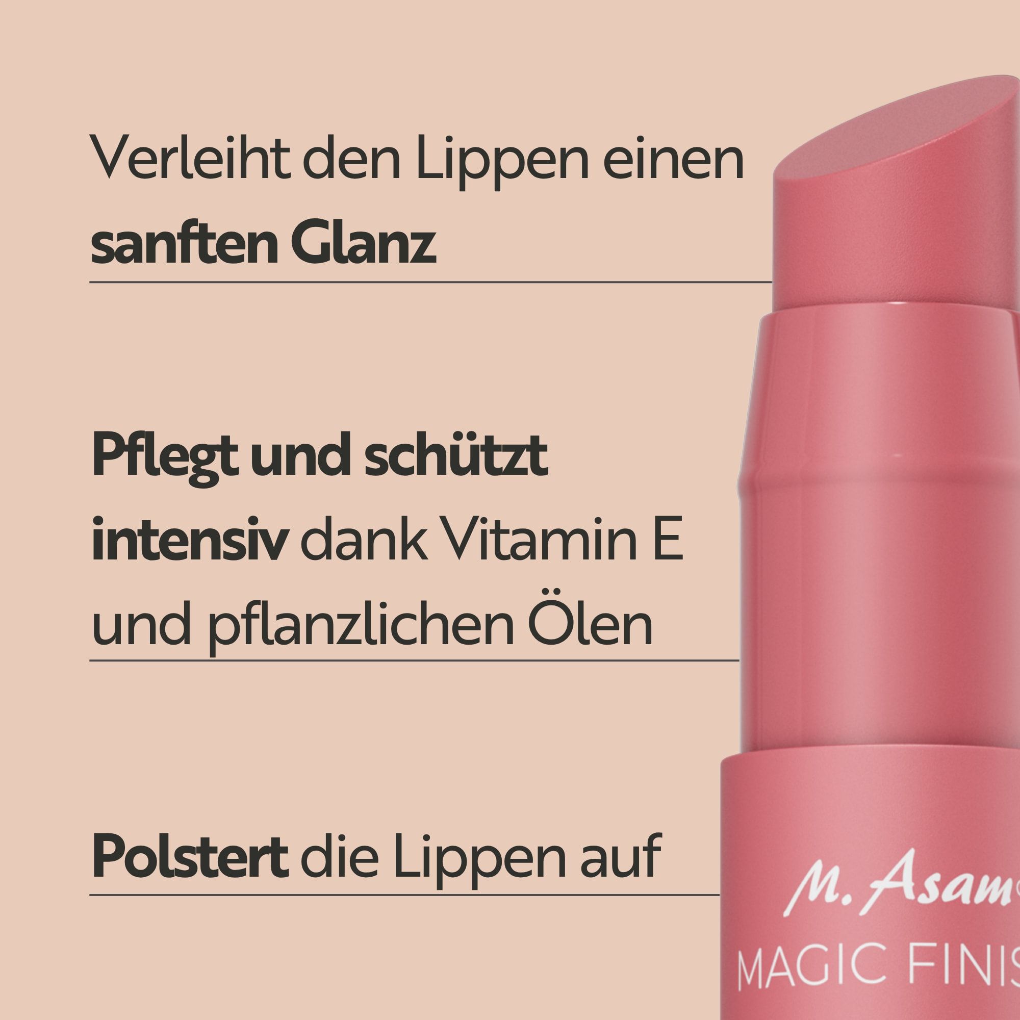 Rosa Lippenbalsam-Stift mit schrägem Applikator. Enthält Vitamin E und pflanzliche Öle.