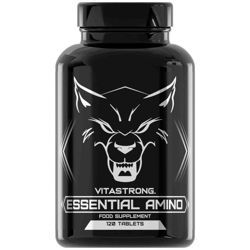Schwarze Flasche mit Vitastrong Essential Amino. 120 Tabletten. Wolf-Logo. Nahrungsergänzungsmittel.