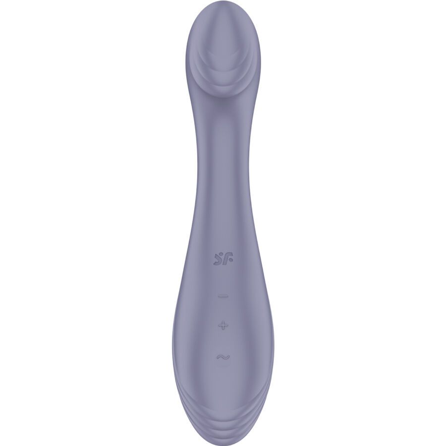 Lila Vibrator mit länglicher Form. Knöpfe und Logo auf der Oberfläche. Glatte Oberfläche.