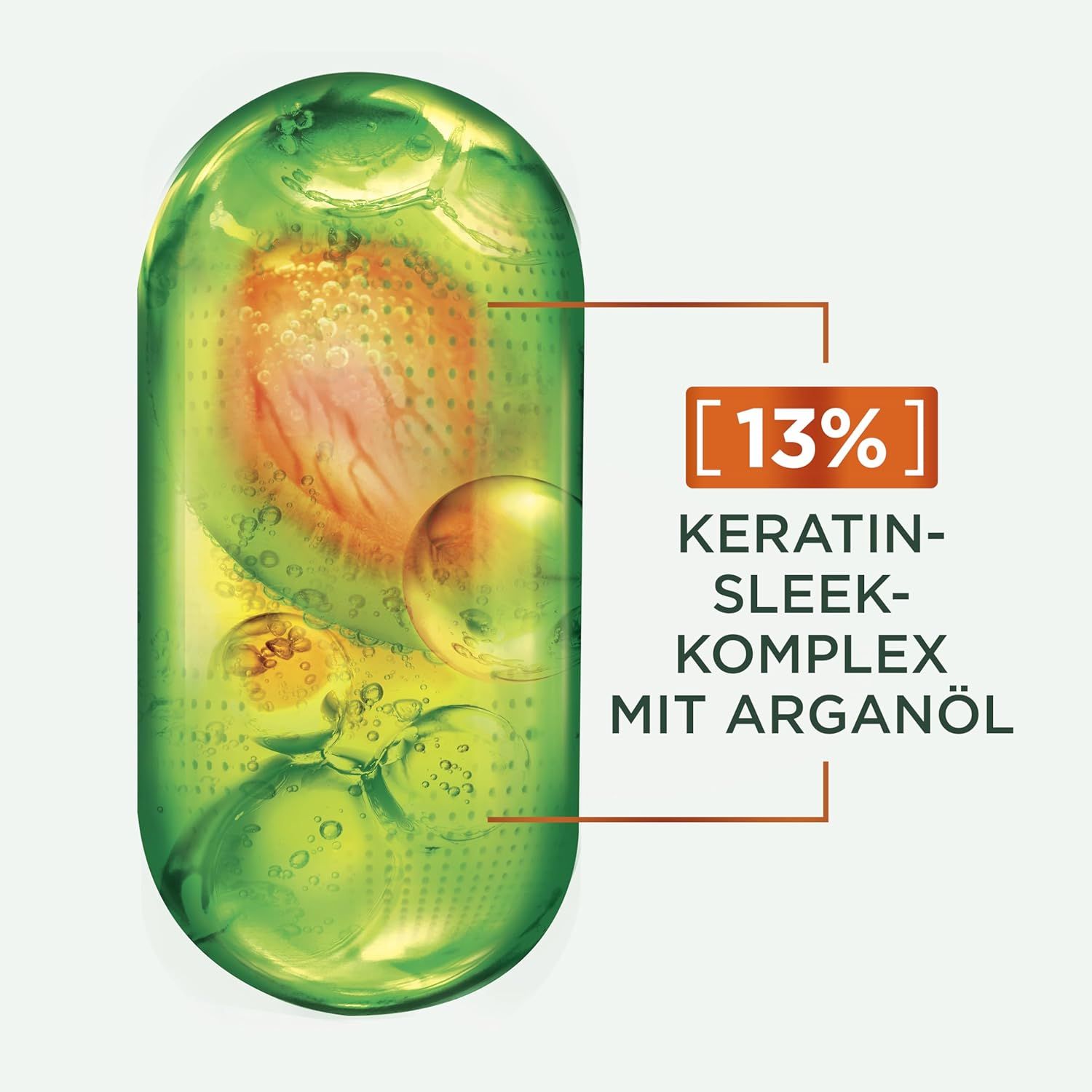 Abbildung des Keratin-Sleek-Komplexes mit Arganöl. Text: 13% Keratin-Sleek-Komplex mit Arganöl.