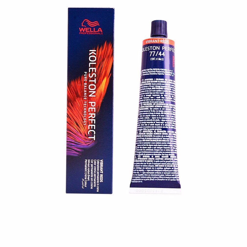 Haarfarbtube und Schachtel. Tube mit Aufschrift Koleston Perfect 77/44. Schachtel mit Logo und Produktbezeichnung.