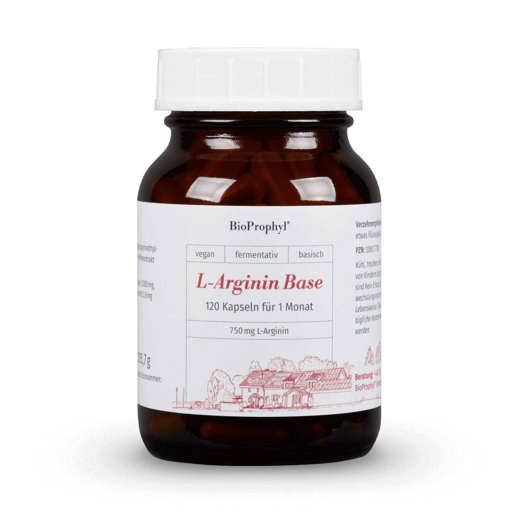 Braune Glasflasche mit weißem Deckel. Etikett mit "BioProphyl", "L-Arginin Base", 120 Kapseln. Vegan, fermentativ, basisch.