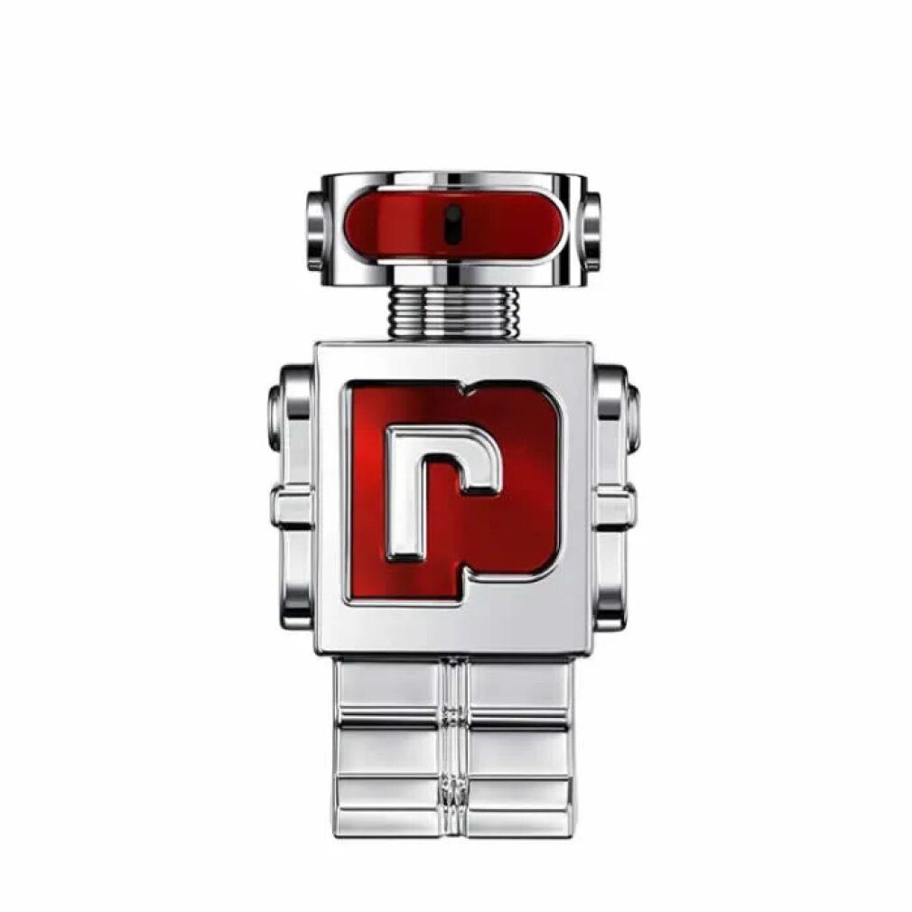 Silberfarbener Flakon in Roboterform mit rotem Akzent und rotem "P"-Logo. Oberteil mit rotem Element.