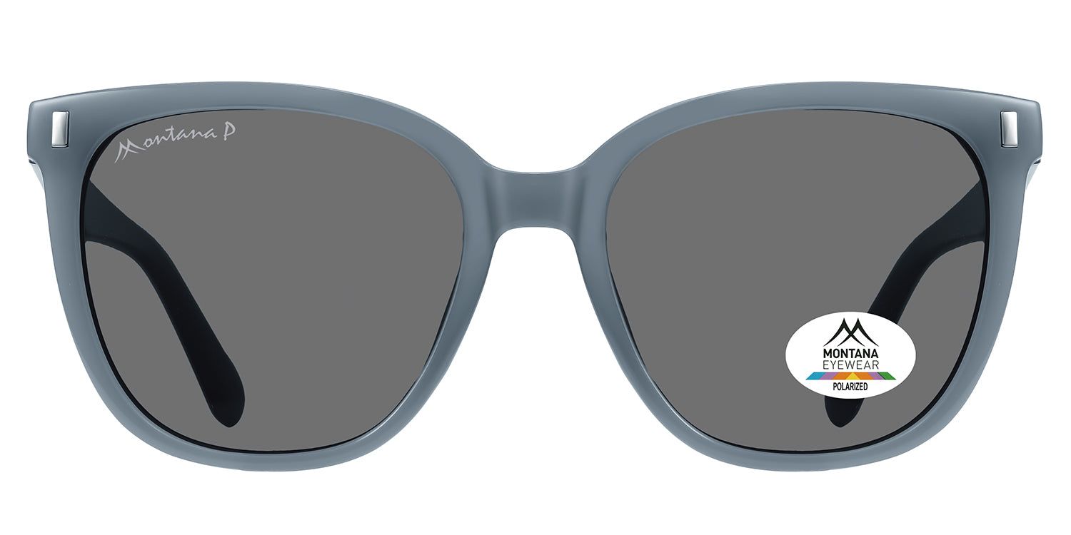 Blaue Sonnenbrille mit dunklen Gläsern. Montana Eyewear Logo auf dem Bügel und Glas. Polarisiert-Aufkleber.