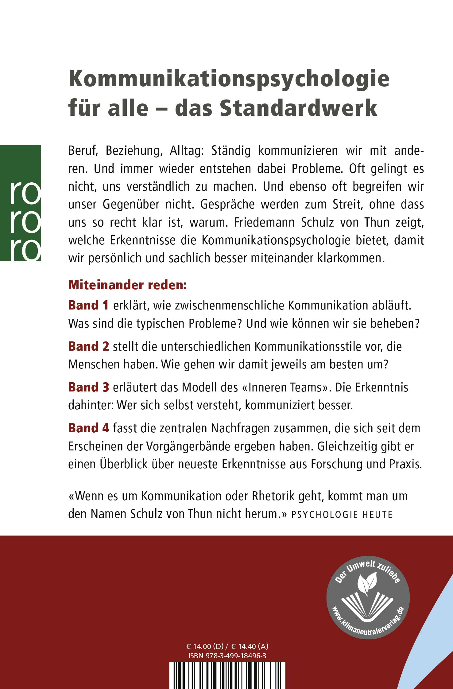 Rückseite von Miteinander reden 2. Text über Kommunikation, Autor Friedemann Schulz von Thun. Umweltzeichen.