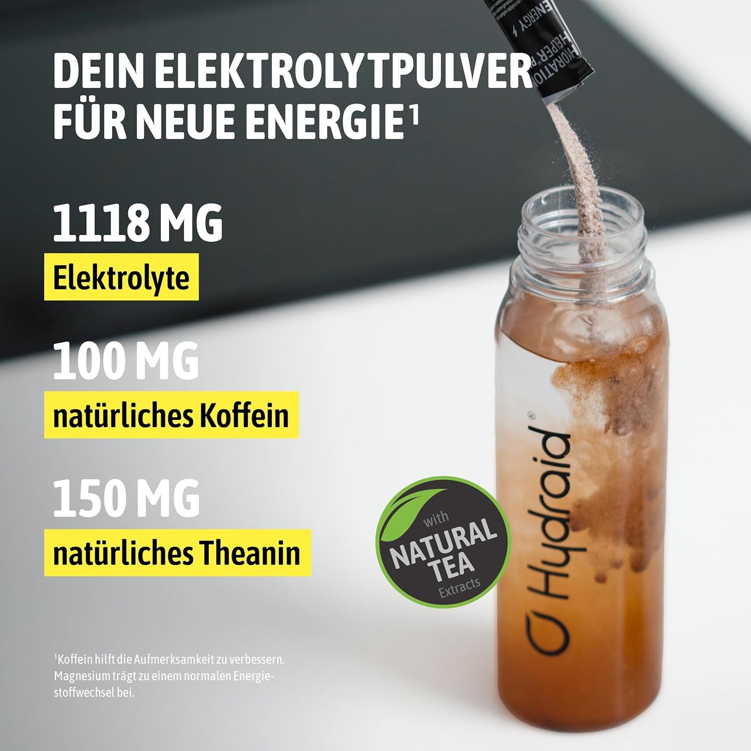 Getränk in Glasflasche. Hydraid-Logo. Text: 1118 mg Elektrolyte, 100 mg natürliches Koffein, 150 mg natürliches Theanin. Mit Natural Tea Extracts.