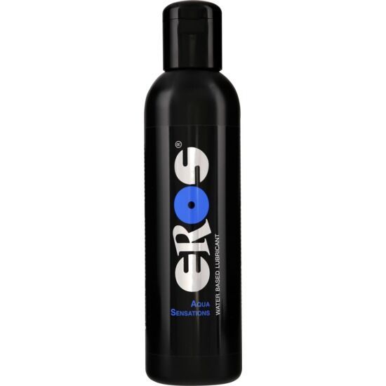 Schwarze Flasche mit blau-weißem Logo. Text: EROS, Aqua Sensations, Water Based Lubricant.
