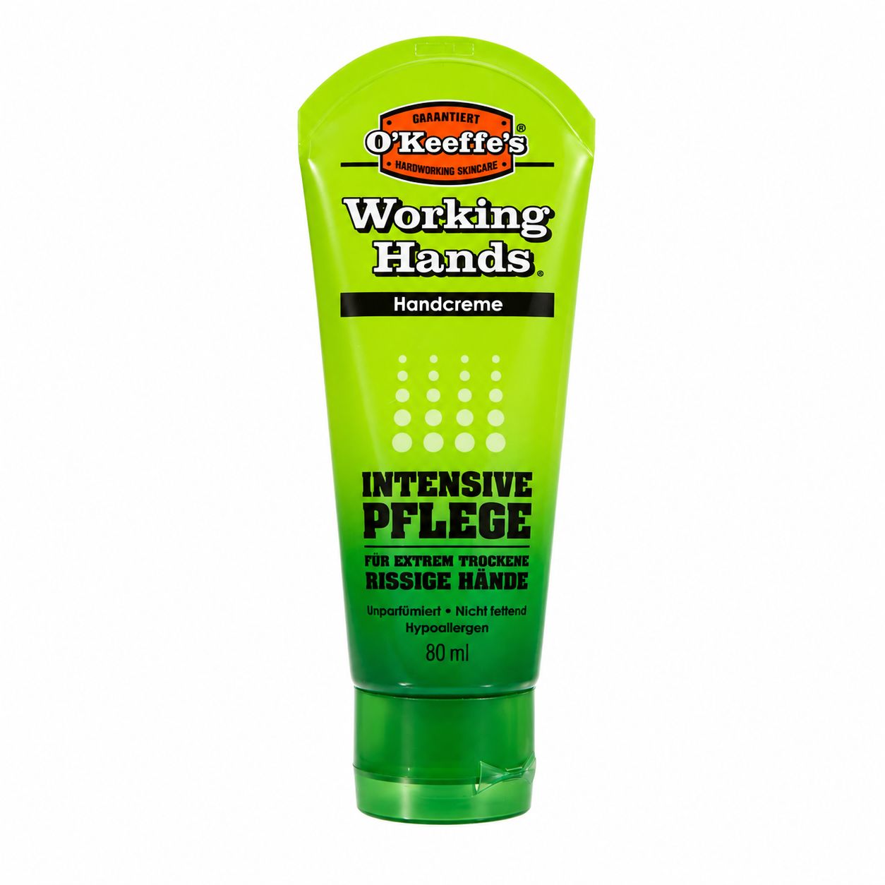Grüne Tube O'Keeffe's Working Hands Handcreme mit weißem Deckel. 80ml.