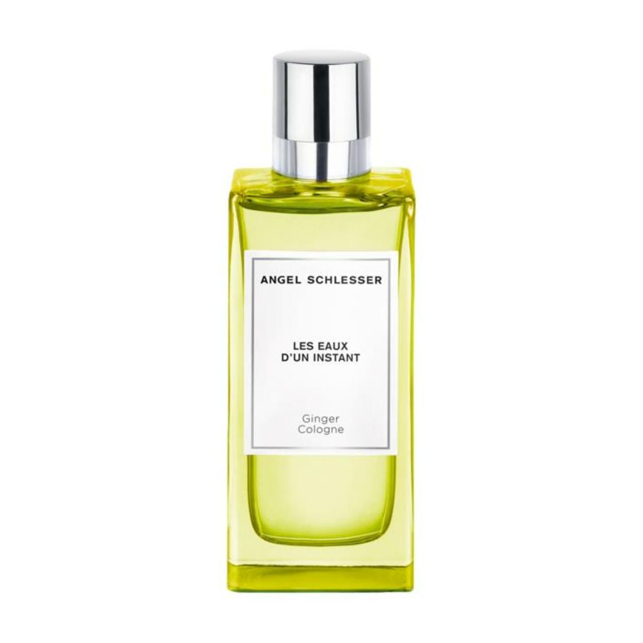 Flakon mit silbernem Deckel. Auf weißem Etikett: Angel Schlesser, Les Eaux d'un Instant, Ginger Cologne.