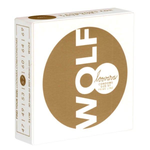 Loovara Kondomgröße 57 'Wolf'. Verpackung mit Größenangabe und Website.