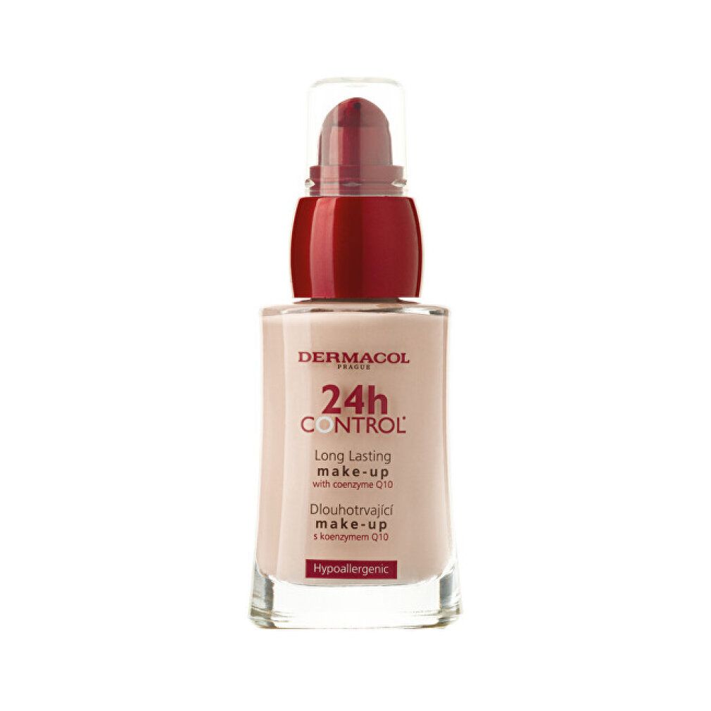 Beige Make-up-Flakon mit rotem Pumpkopf. Aufschrift: 24h Control, Long Lasting Make-up, mit Coenzym Q10. Hypoallergen.