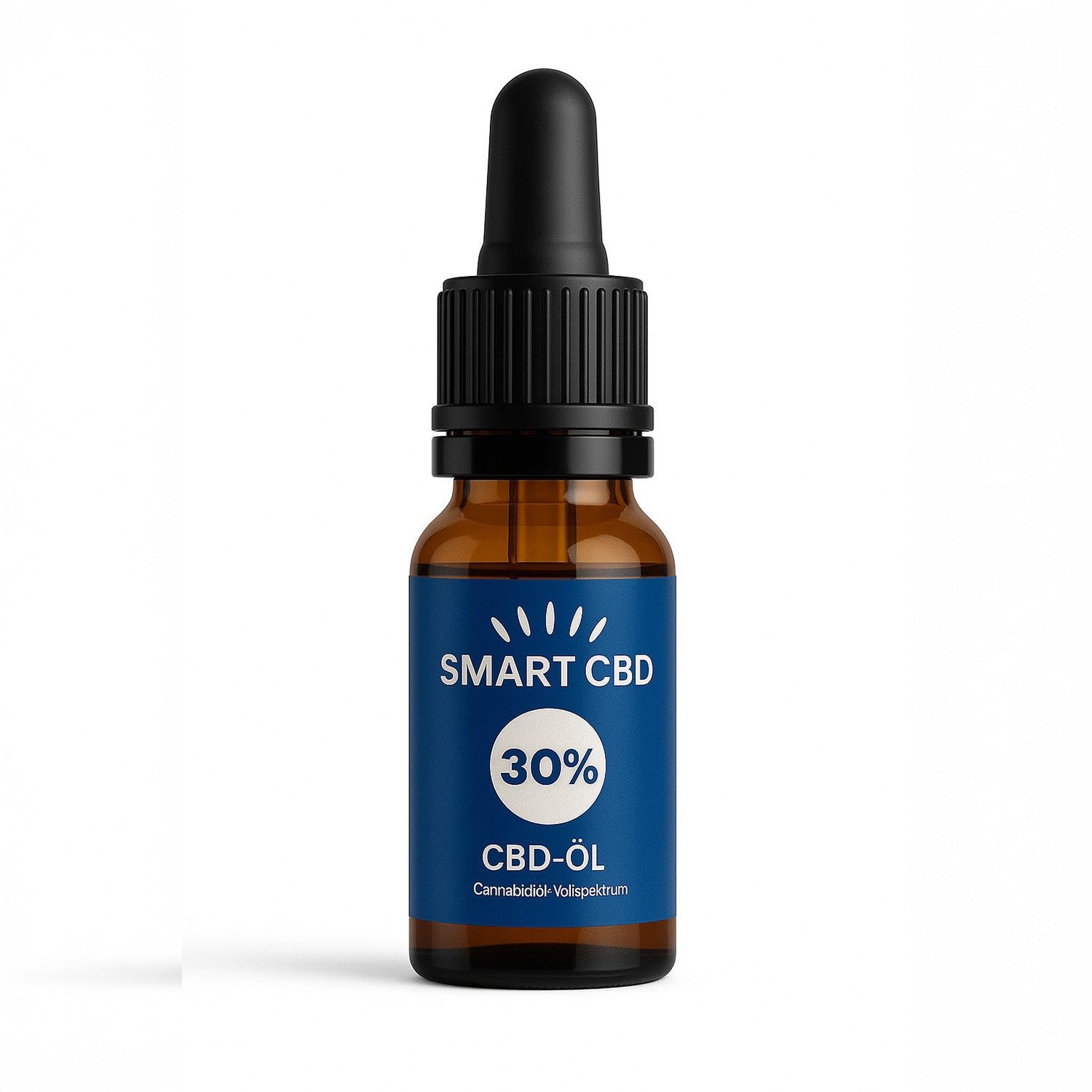 Braune Glasflasche mit schwarzem Deckel und Pipette. Blaues Etikett mit "SMART CBD" und "30%".