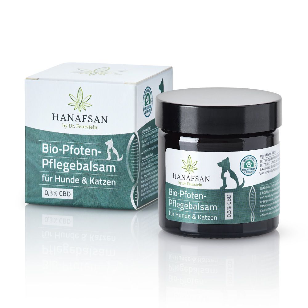 Dose und Karton mit Produktetikett. Aufschrift: Bio-Pfoten-Pflegebalsam für Hunde & Katzen, 0,3% CBD. Marke: HANAFSAN.