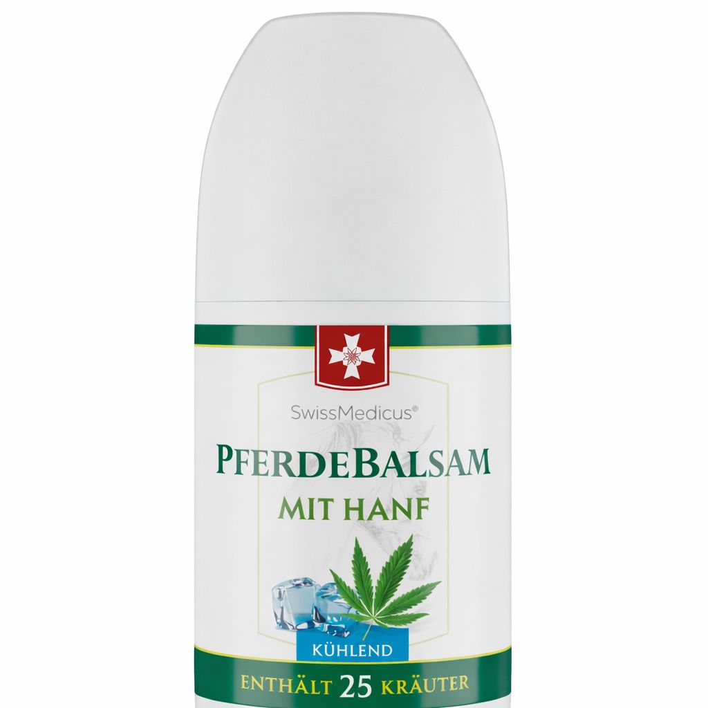 Weißer Roll-On-Behälter mit grünem Etikett. Text: Pferdebalsam mit Hanf, kühlend, enthält 25 Kräuter. Logo: Schweizer Kreuz.
