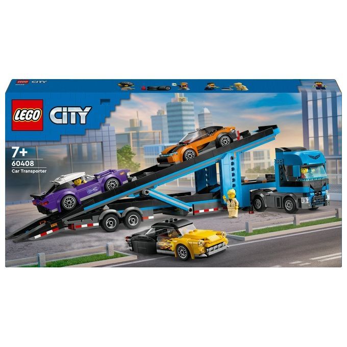 Set LEGO City Camion Trasportatore. Include un camion blu con rimorchio, tre auto sportive arancioni, viola e gialle, e un personaggio LEGO. La confezione mostra il logo LEGO e l'età consigliata 7+.