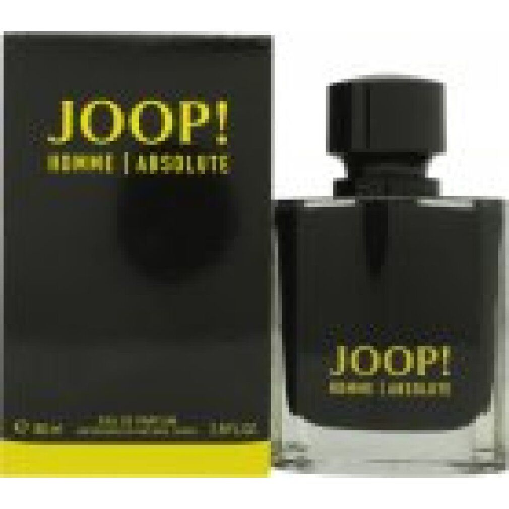Schwarzer Karton und Flakon. Gelber Schriftzug: JOOP! HOMME | ABSOLUTE. Flakon: schwarz, rechteckig. Karton: rechteckig, gelbe Akzente.