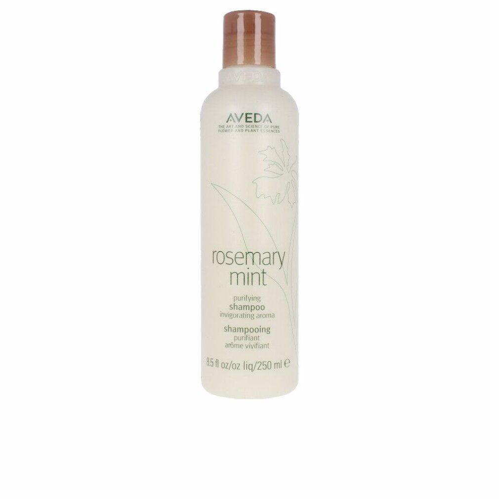Aveda Shampoo-Flasche. Weißes Etikett mit Text: Rosemary Mint, Shampoo. Brauner Deckel. 250 ml.