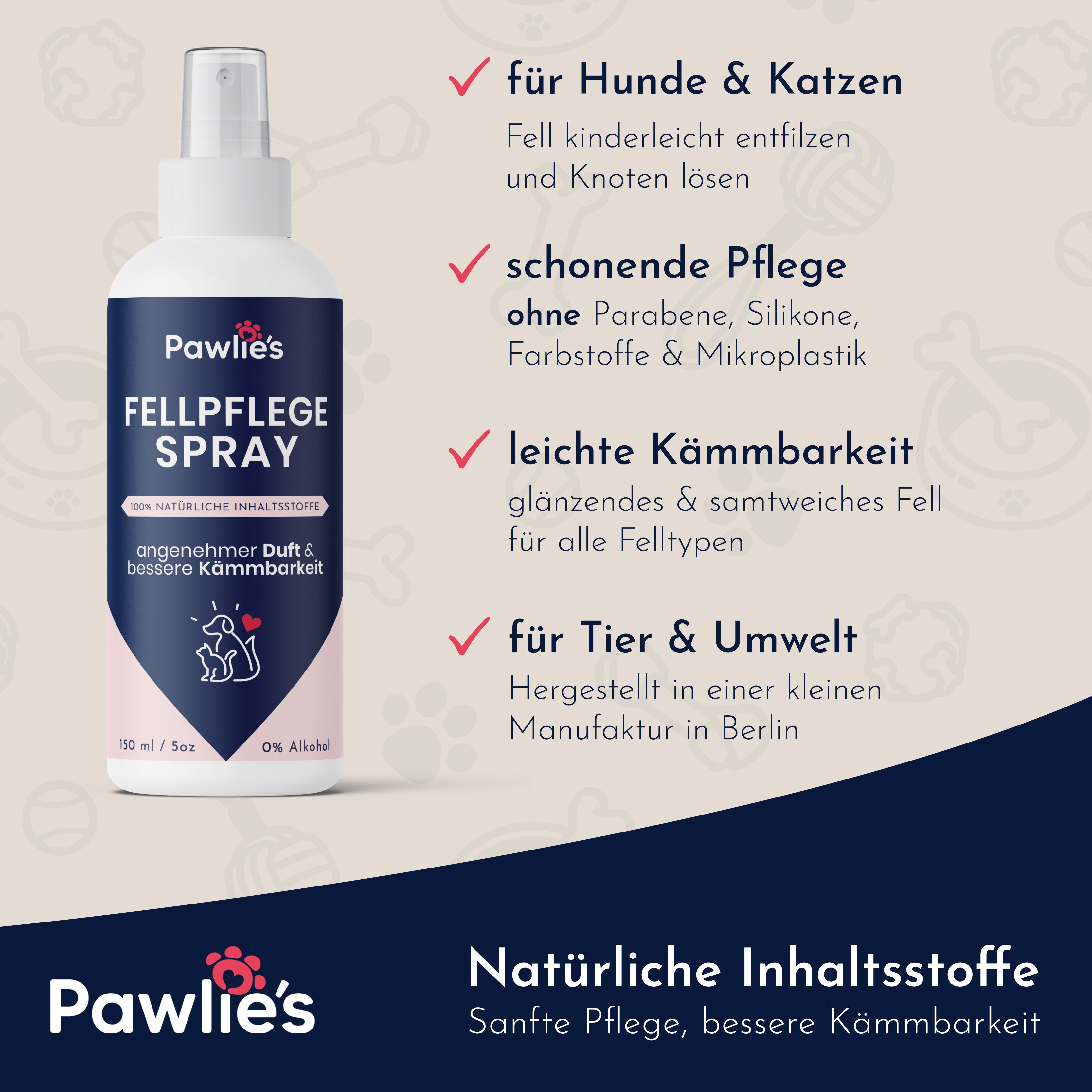 Fellpflege Spray Flasche mit Vorteilen: für Hunde & Katzen, schonende Pflege, leichte Kämmbarkeit.