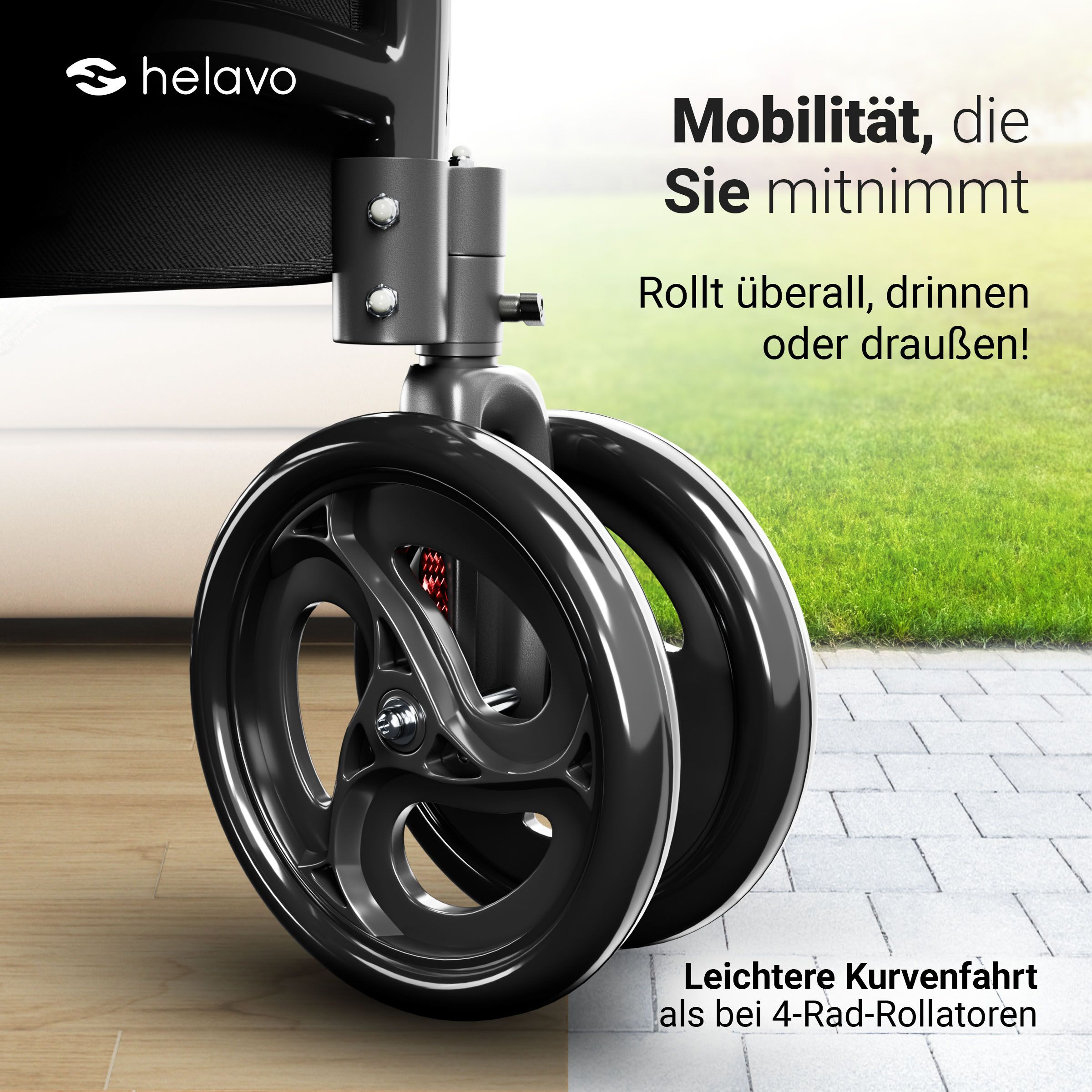 Helavo Dreiradrollator schmal faltbar 3 Raeder Aluminium All Terrain Gehhilfe 5,5kg