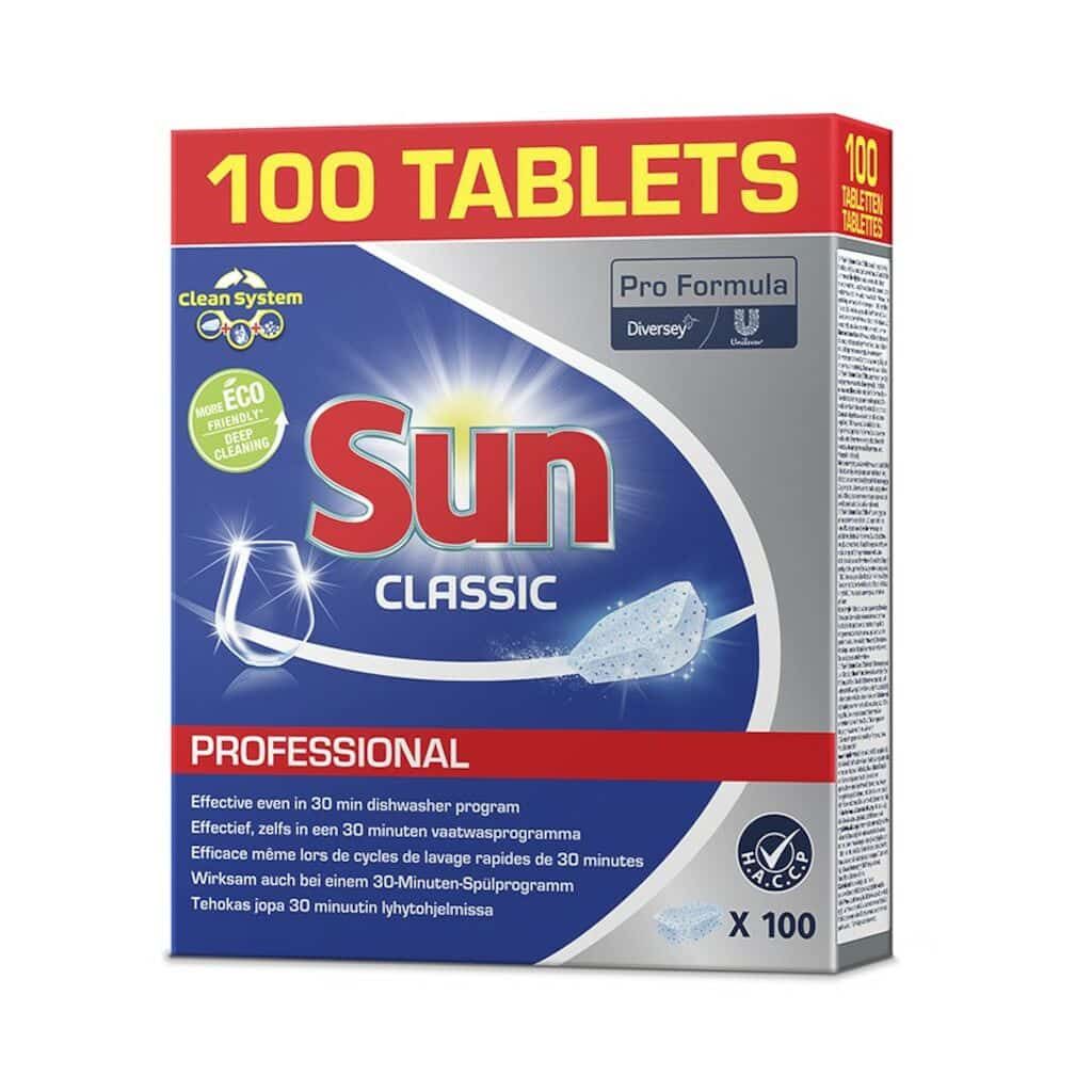 Verpackung mit SUN Classic Tabs. Enthält 100 Tabletten. Aufschrift: Professional, Clean System, Eco Friendly, Pro Formula.