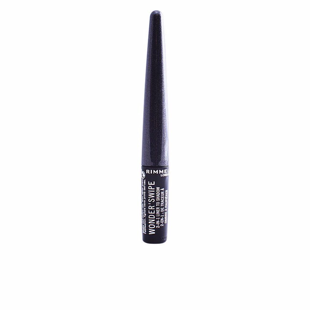 Schwarzer Eyeliner mit spitz zulaufendem Applikator. Aufschrift: Rimmel London Wonder Swipe 2-in-1 Liner to Shadow.