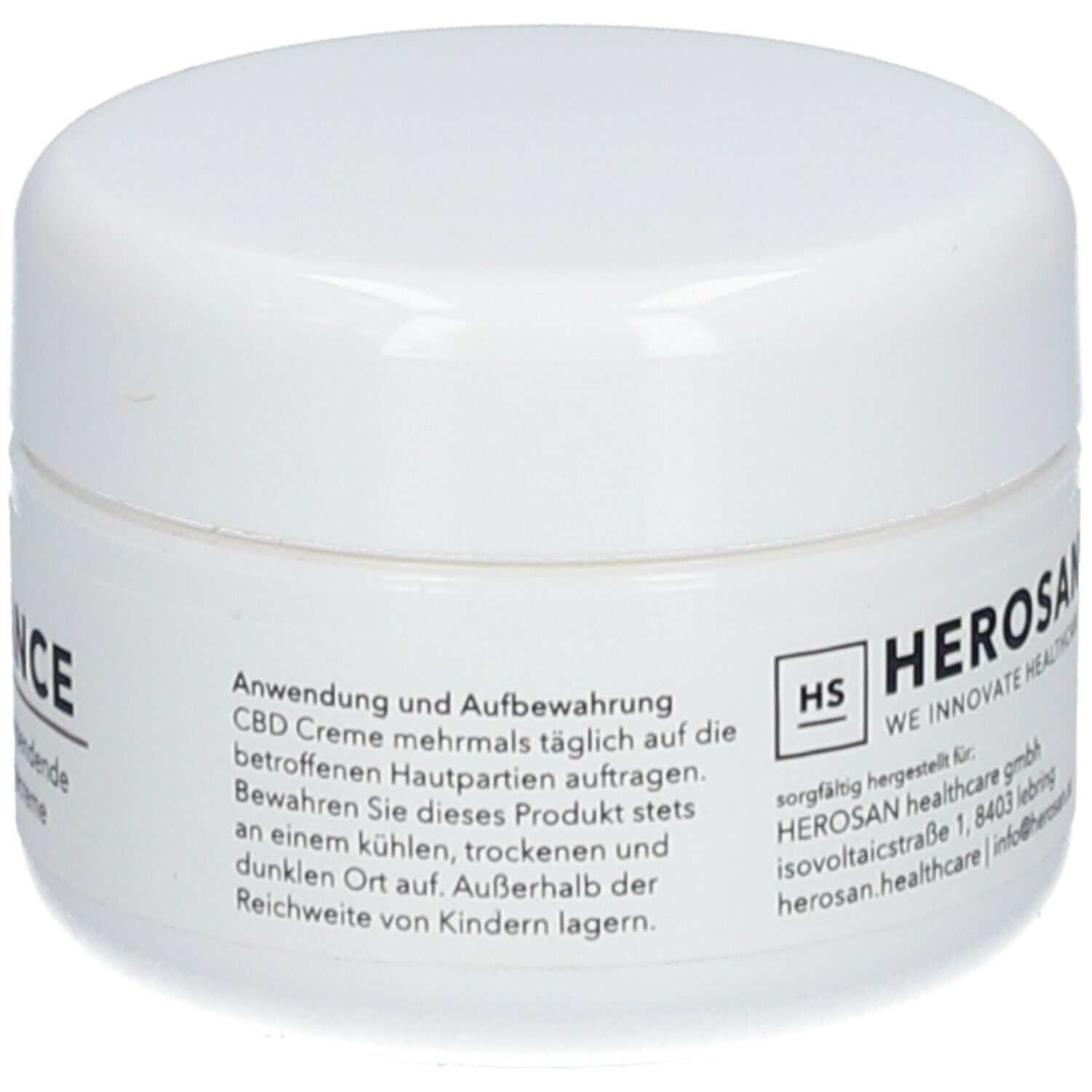 Weiße Creme-Dose mit Deckel. Aufschrift: BALANCE, feuchtigkeitsspendende CBD Pflegecreme. Text über Anwendung und Aufbewahrung. Logo Herosan.