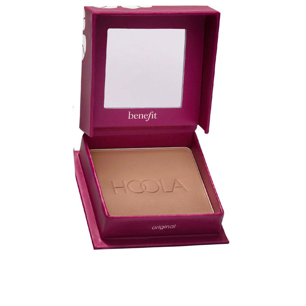 Geöffnete Bronzer-Verpackung. Bronzer mit Prägung Hoola. Spiegel im Deckel. Rosa Verpackung.