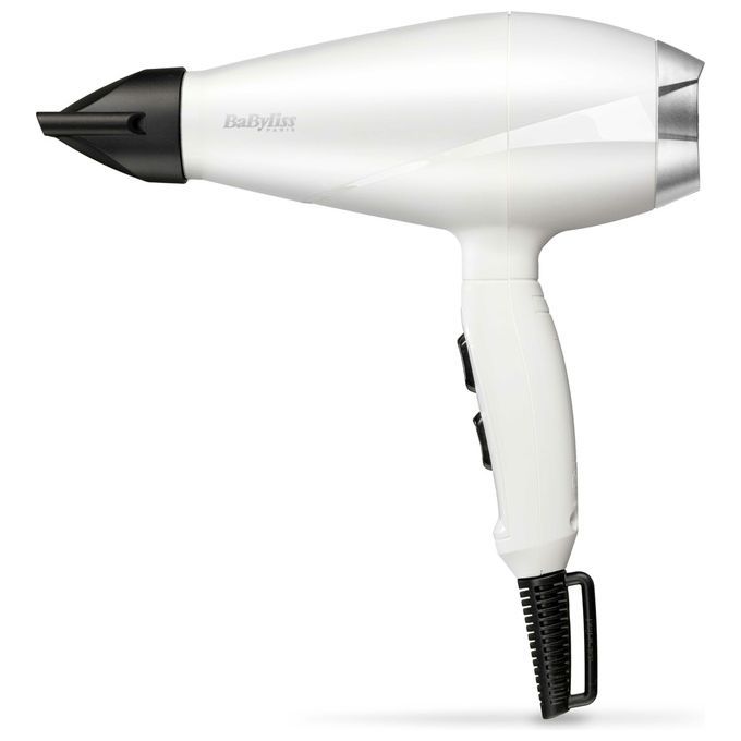 Weißer Haartrockner mit schwarzem Aufsatz und Griff. Marke BaByliss. Zwei Schalter am Griff.