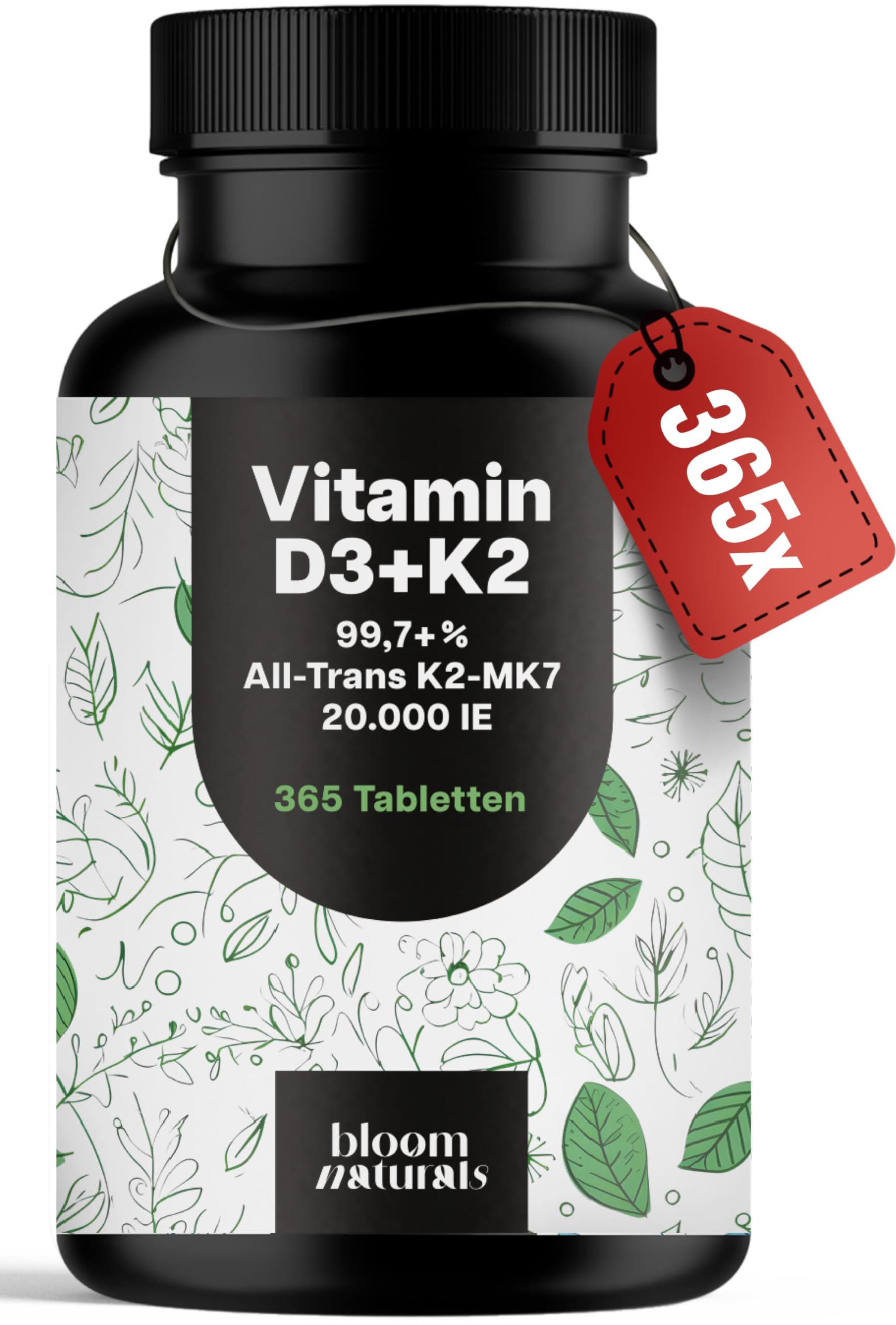 Flasche Vitamin D3+K2 von Bloom Naturals mit 365 Tabletten, rotem Anhänger.