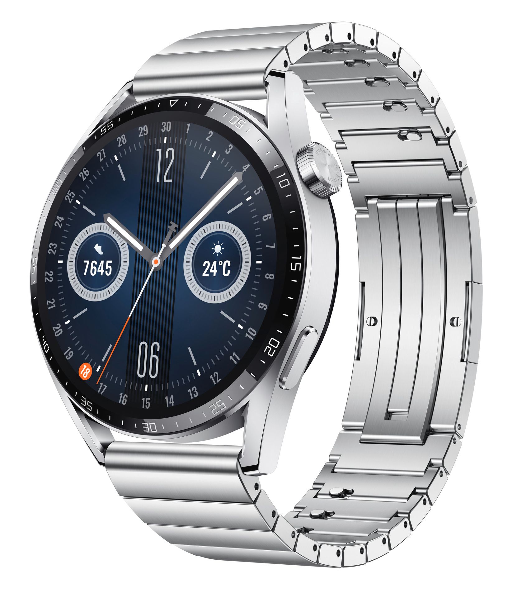 Silberne Smartwatch mit Metallarmband. Zifferblatt mit Uhrzeit und Datenanzeige. Gehäuse aus Edelstahl.
