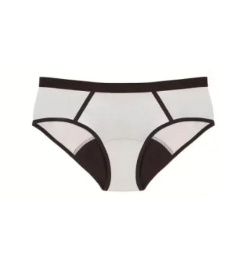 Weiße Periodenunterwäsche Sporty mit schwarzen Details. Schwarzer Bund und schwarze Einsätze.