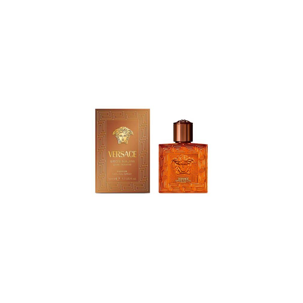 Versace Eros Najim Parfum Flakon und Schachtel mit Medusa-Kopf und geometrischem Muster.