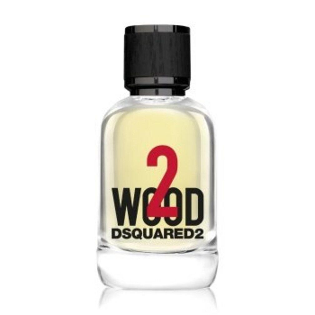 Parfümflakon mit schwarzem Deckel. Auf dem Flakon: rote "2", schwarzes "WOOD", "DSQUARED2". Klarer Glasflakon mit gelblicher Flüssigkeit.