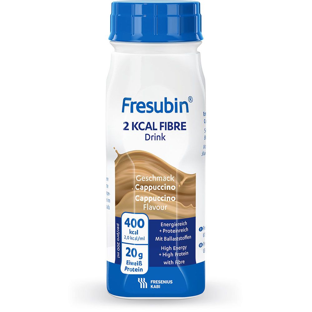 Flasche mit blauem Deckel. Aufschrift: Fresubin 2 kcal Fibre Drink Cappuccino. Enthält 20g Eiweiß. 400 kcal/2,0 kcal/ml. Mit Ballaststoffen.
