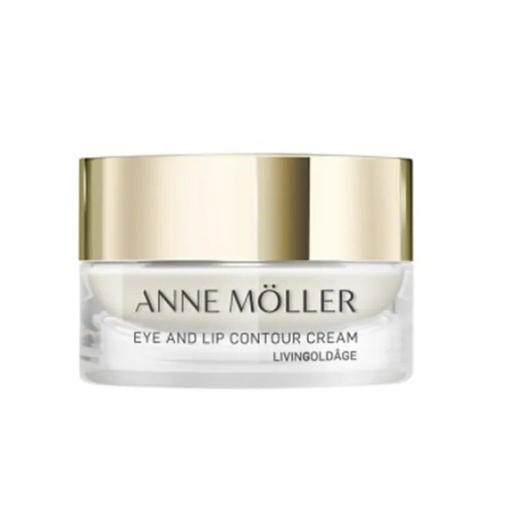 Creme-Tiegel mit goldfarbenem Deckel. Beschriftung: ANNE MÖLLER, EYE AND LIP CONTOUR CREAM, LIVINGOLDÂGE.