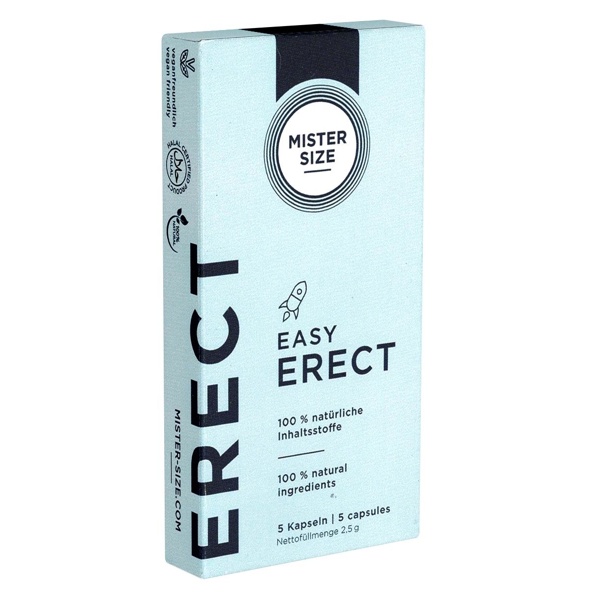 Hellblaue Schachtel mit "MISTER SIZE EASY ERECT". Enthält 5 Kapseln. Aufschrift: 100% natürliche Inhaltsstoffe. Vegan-Siegel.